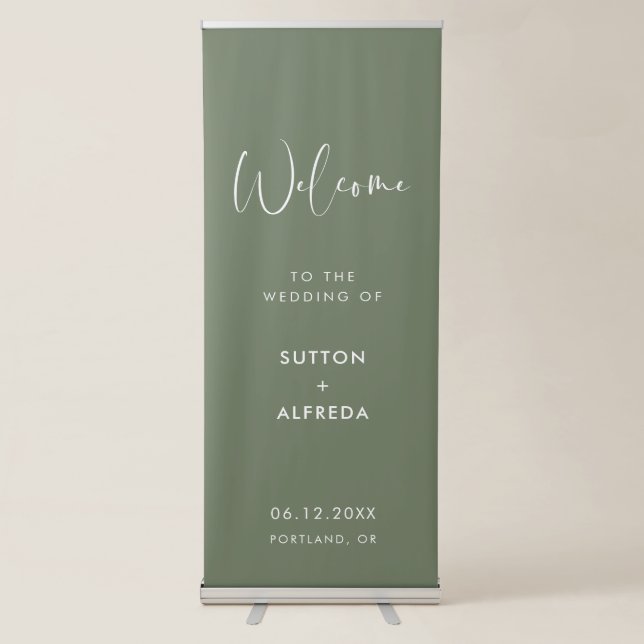 Elegant & modern dark sage Welcome to our wedding Retractable Banner (Front)