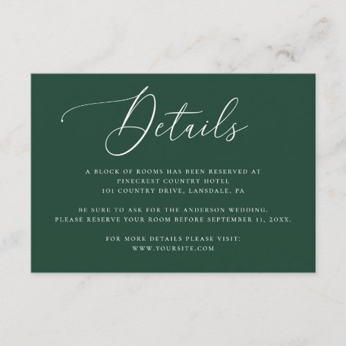 Elegant Modern Dark Woodland Green Wedding Details Enclosure Card