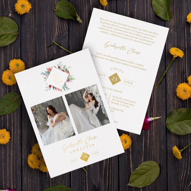 Elegant Modern Diamond Shape Mis XV años Floral  Foil Invitation (Creator Uploaded)