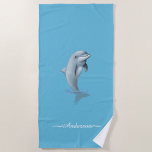 Elegant Modern Dolphin & Script on Turquoise Beach Towel