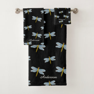 Elegant Modern Dragonflies and Script on Black Bath Towel Set
