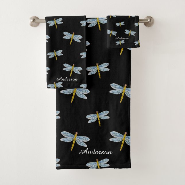 Elegant Modern Dragonflies and Script on Black Bath Towel Set (Insitu)