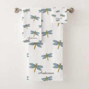 Elegant Modern Dragonflies and Script on White Bath Towel Set
