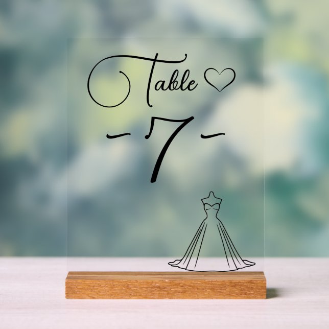 Elegant modern dress silhouette heart table number acrylic sign (Neutral)