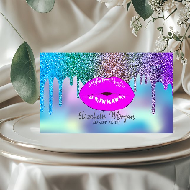 Elegant Modern Drips Holographic Lips Makeup Business Card (Creator Uploaded)