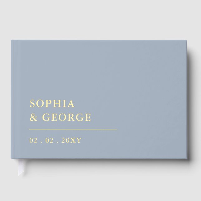 Elegant Modern Dusty Blue and Gold Wedding Foil Guest Book (Front)