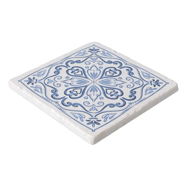 Elegant Modern Dusty Blue and White Mandala Tile Trivet (Corner)