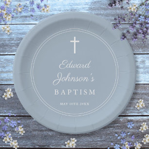 Elegant Modern Dusty Blue Baptism Paper Plates