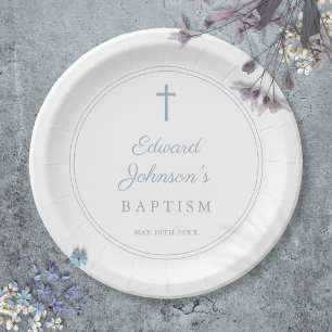 Elegant Modern Dusty Blue Baptism Paper Plates