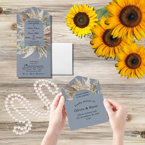 Elegant modern dusty blue boho  wedding all in one invitation