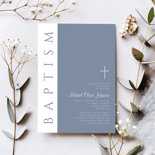 Elegant Modern Dusty Blue Cross Baptism Invitation