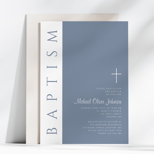 Elegant Modern Dusty Blue Cross Baptism Invitation