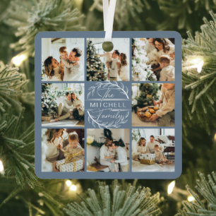Elegant Modern Dusty Blue Family Photo Collage Metal Ornament