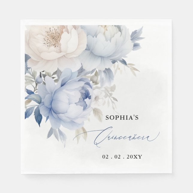 Elegant Modern Dusty Blue Floral Quinceañera  Napkins (Front)