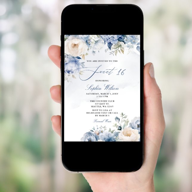 Elegant Modern Dusty Blue Floral Sweet 16 Invitation (Front Digital)