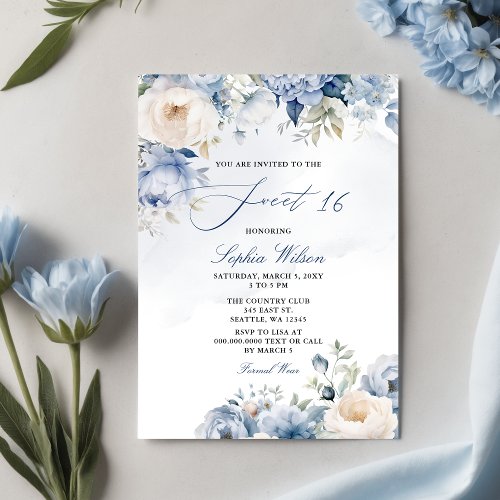 Elegant Modern Dusty Blue Floral Sweet 16