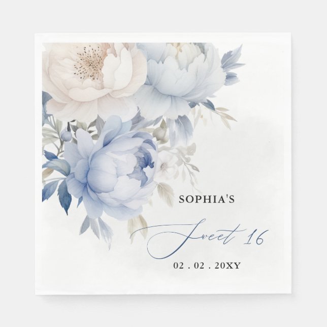 Elegant Modern Dusty Blue Floral Sweet 16 Napkins (Front)