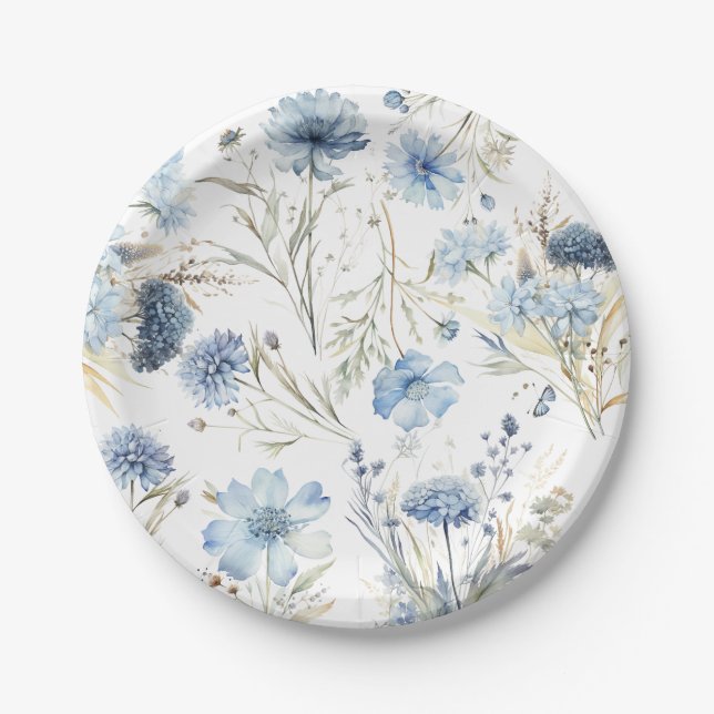 Elegant Modern  Dusty Blue Floral  Wedding Paper Plates (Front)