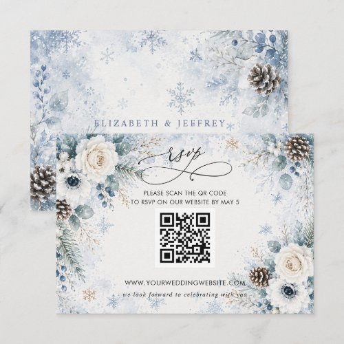 Elegant Modern Dusty Blue Floral Winter QR CODE RSVP Card