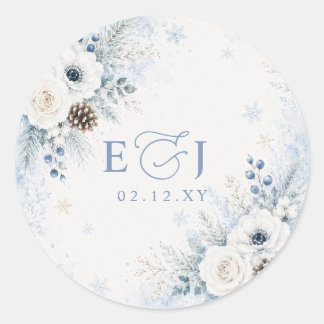 Elegant Modern Dusty Blue Floral Winter Wedding  Classic Round Sticker