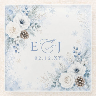 Elegant Modern Dusty Blue Floral Winter Wedding  Glass Coaster