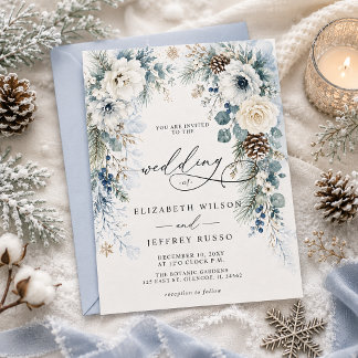 Elegant Modern Dusty Blue Floral Winter Wedding Invitation