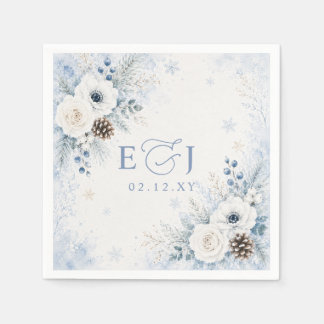 Elegant Modern Dusty Blue Floral Winter Wedding  Napkins