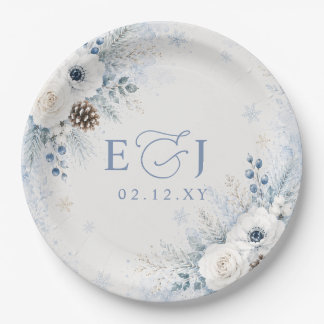 Elegant Modern Dusty Blue Floral Winter Wedding  Paper Plates
