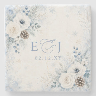 Elegant Modern Dusty Blue Floral Winter Wedding  Stone Coaster