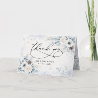 Elegant Modern Dusty Blue Floral Winter Wedding  Thank You Card