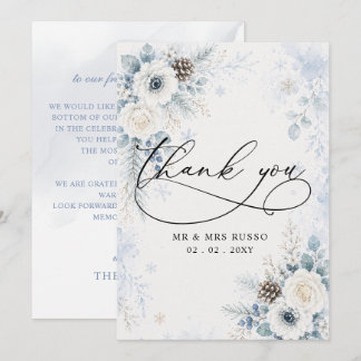 Elegant Modern Dusty Blue Floral Winter Wedding  Thank You Card