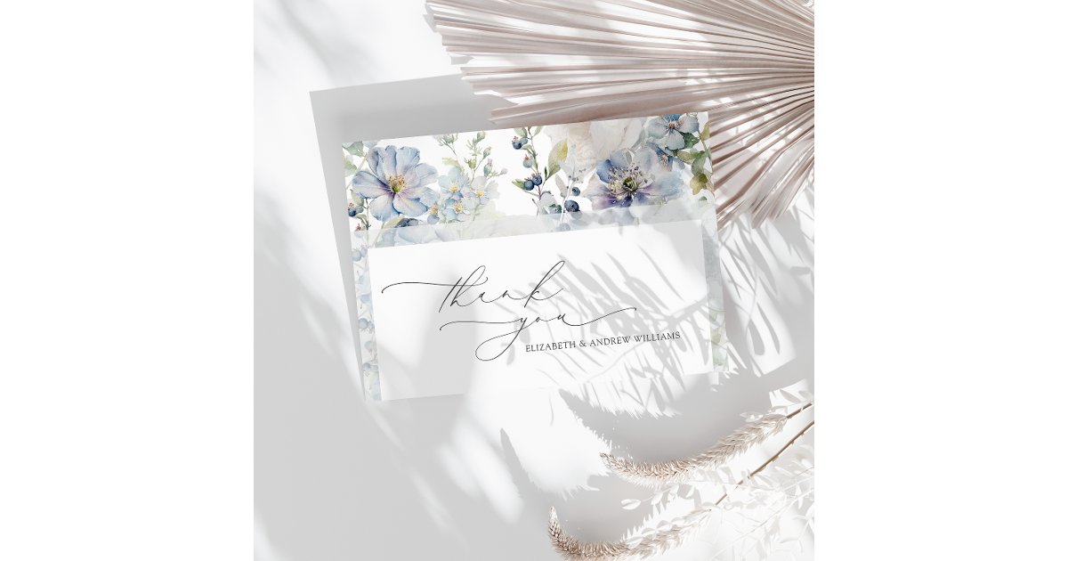 Elegant Modern Dusty Blue Flowers Wedding Thank You Card | Zazzle