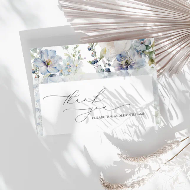 Elegant Modern Dusty Blue Flowers Wedding Thank You Card | Zazzle