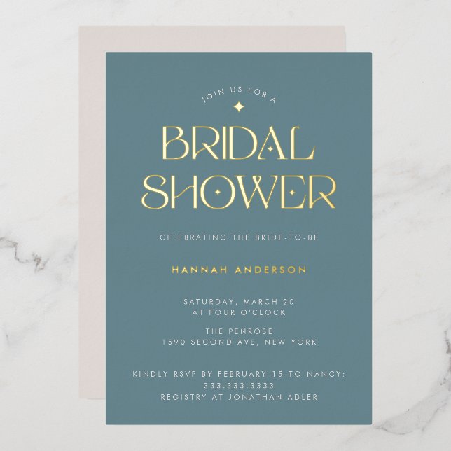 Elegant Modern Dusty Blue Gold Star Bridal Shower Foil Invitation (Front/Back)