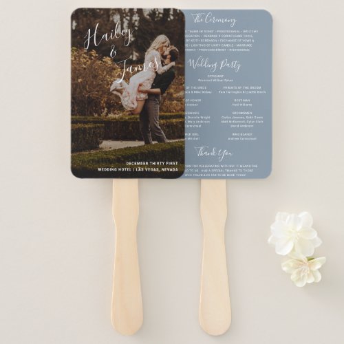 Elegant Modern Dusty Blue Photo Wedding Program Hand Fan