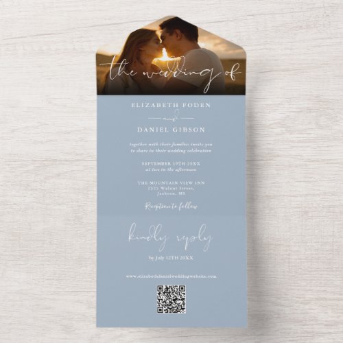 Elegant Modern Dusty Blue QR Code Wedding Photo All In One Invitation