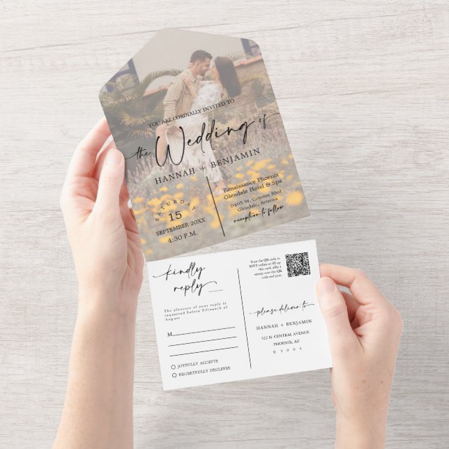 Elegant Modern Dusty Pink Boho Arch QR Code Photo  All In One Invitation (Tearaway)