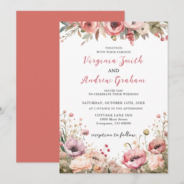 Elegant Modern Dusty Pink Rose Floral Wedding Invitation (Front/Back)