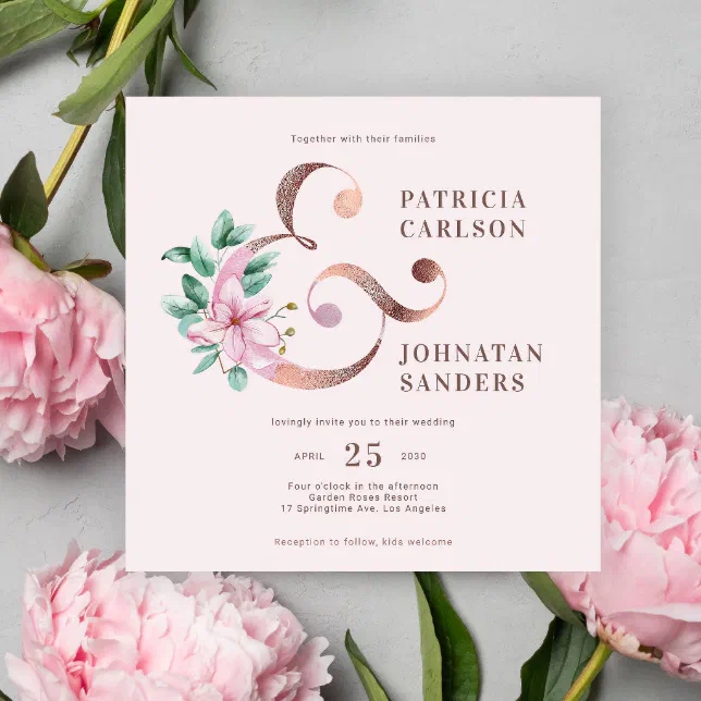 Elegant Modern Dusty Pink Rose Gold Floral Wedding Invitation Zazzle