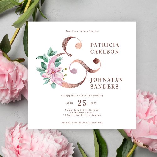 Elegant modern dusty pink rose gold floral wedding invitation