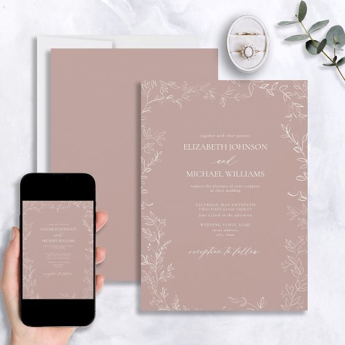 Elegant Modern Dusty Rose Minimal Leaf Wedding Invitation