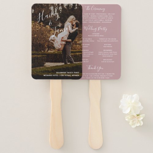 Elegant Modern Dusty Rose Photo Wedding Program Hand Fan