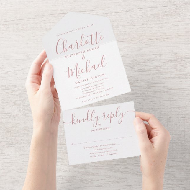 Elegant Modern Dusty Rose Script Wedding All In On One Invitation (Tearaway)