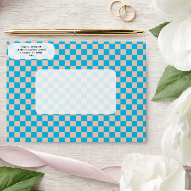Elegant, Modern Ecru & Blue Checkered   Envelope (Wedding)