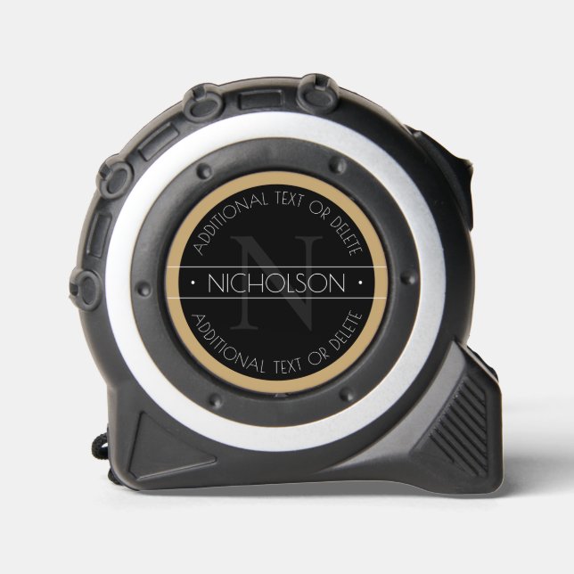 Elegant Modern Editable Monogram Black White Gold Tape Measure (Front)