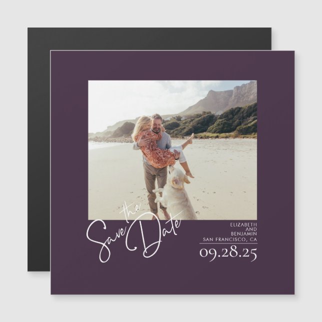 Elegant Modern Eggplant Purple Save the Date Photo Magnetic Invitation (Front/Back)
