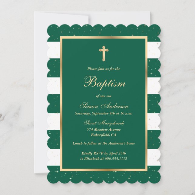 Elegant Modern Emerald Green Gold Baptism Invitation (Front)