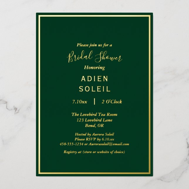 Elegant Modern Emerald Green Gold Bridal Shower Foil Invitation (Front)