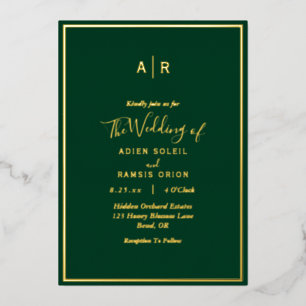 Elegant Modern Emerald Green Gold Monogram Wedding Foil Invitation