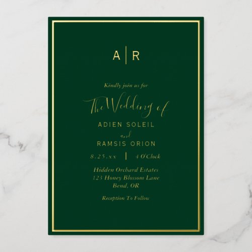 Elegant Modern Emerald Green Gold Monogram Wedding Foil Invitation